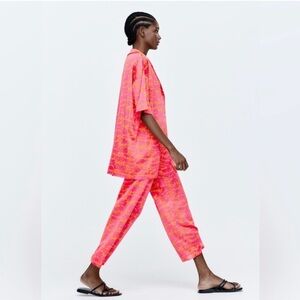 RARE Zara Jacquard Knit 2 Piece Top & Pants Set Pink & Gold Animal Print S